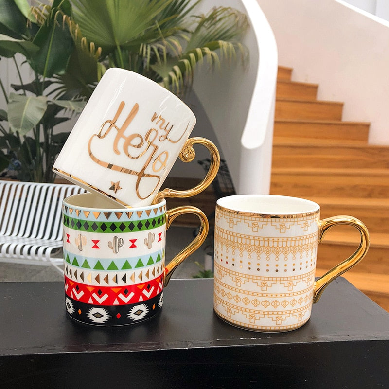 Abstract Collection Single Layered Nordic Style Gold Handle Ceramic Coffee/Tea Mugs