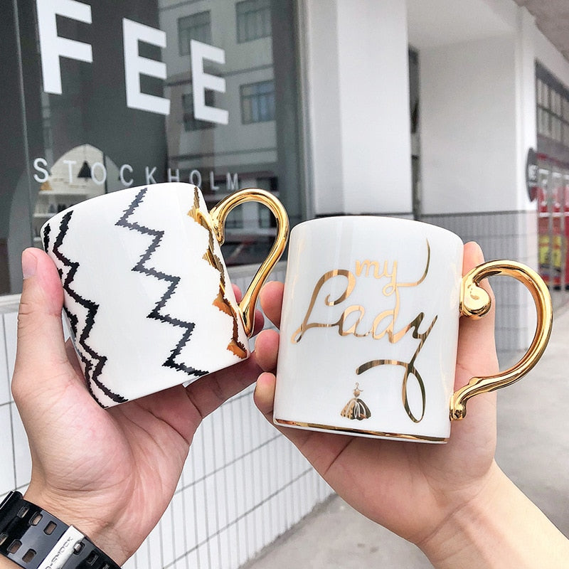 Abstract Collection Single Layered Nordic Style Gold Handle Ceramic Coffee/Tea Mugs
