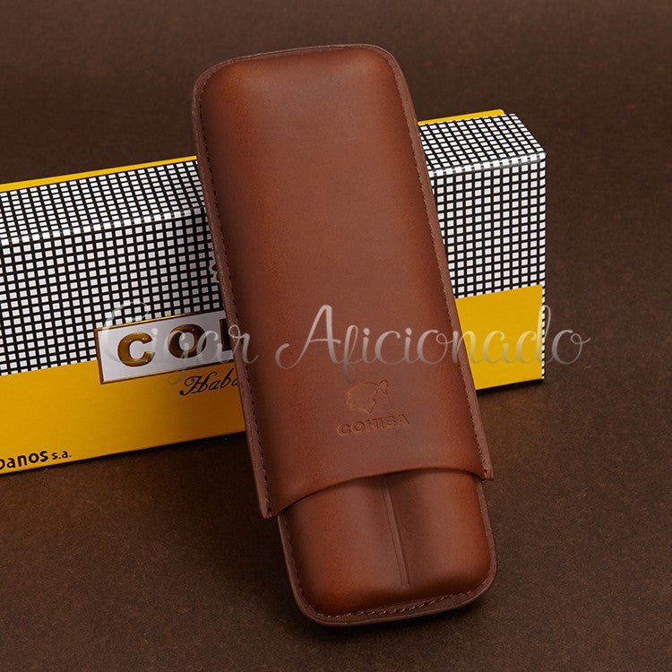 Gorgeous Portable Brown Leather Cigar Case Travel Holder 2 Cigar Tubes with Black Gift Box