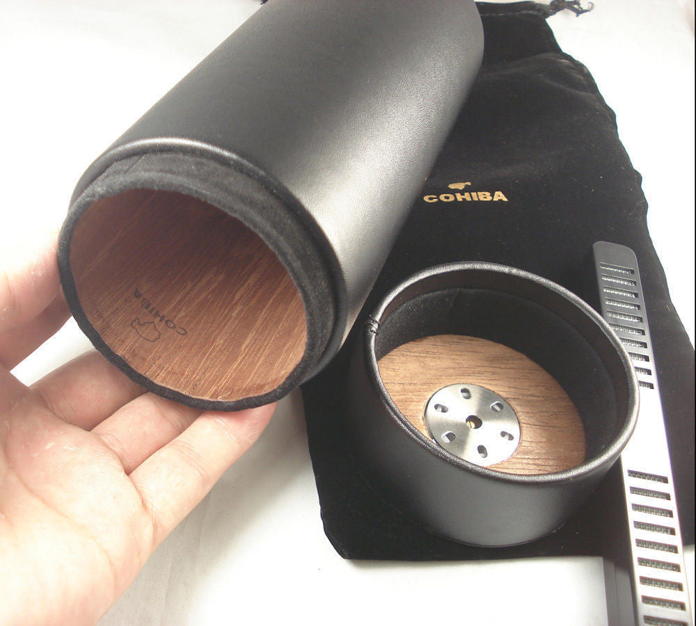Black COHIBA Genuine leather Travel Cigar Tube Jar Humidor with Hygrometer & Humidifier