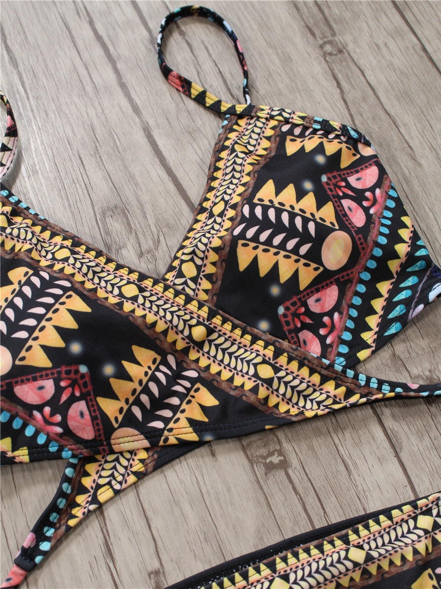 Sexy Padded Bandage Strappy Aztec String Bikini and Beachwear Swimsuit