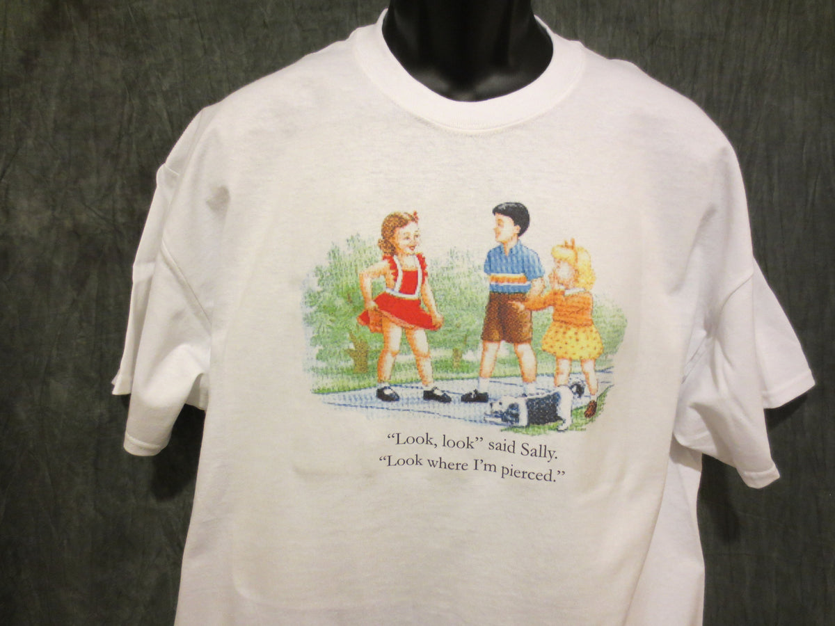 Childhood Look Where i'm Pierced Said Sally White Tshirt - TshirtNow.net - 3