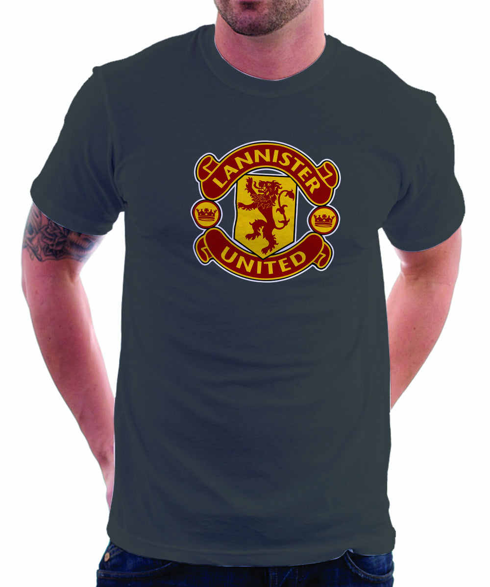 LIMITED EDITION: Game of Thrones Manchester United Logo Parody Spoof t-shirt: House Lannister United Logo on Grey Colored Tshirt - TshirtNow.net - 1