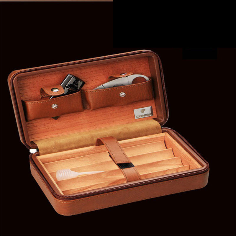 Luxury Cohiba Cigar Box Humidor Case Genuine Leather Wood Cabinet Travel Storage Box 4pcs Include Cutter (No Lighter)