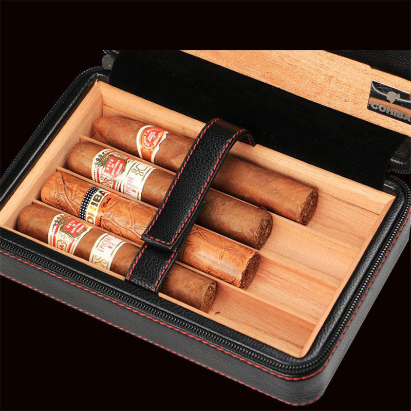 Luxury Cohiba Cigar Box Humidor Case Genuine Leather Wood Cabinet Travel Storage Box 4pcs Include Cutter (No Lighter)
