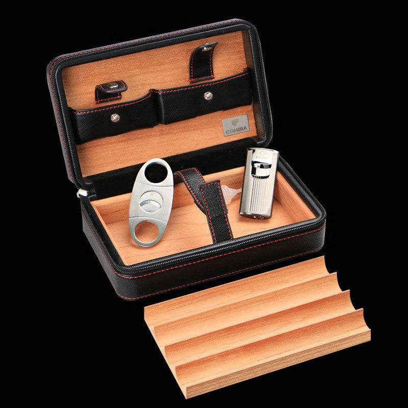 Luxury Cohiba Cigar Box Humidor Case Genuine Leather Wood Cabinet Travel Storage Box 4pcs Include Cutter (No Lighter)