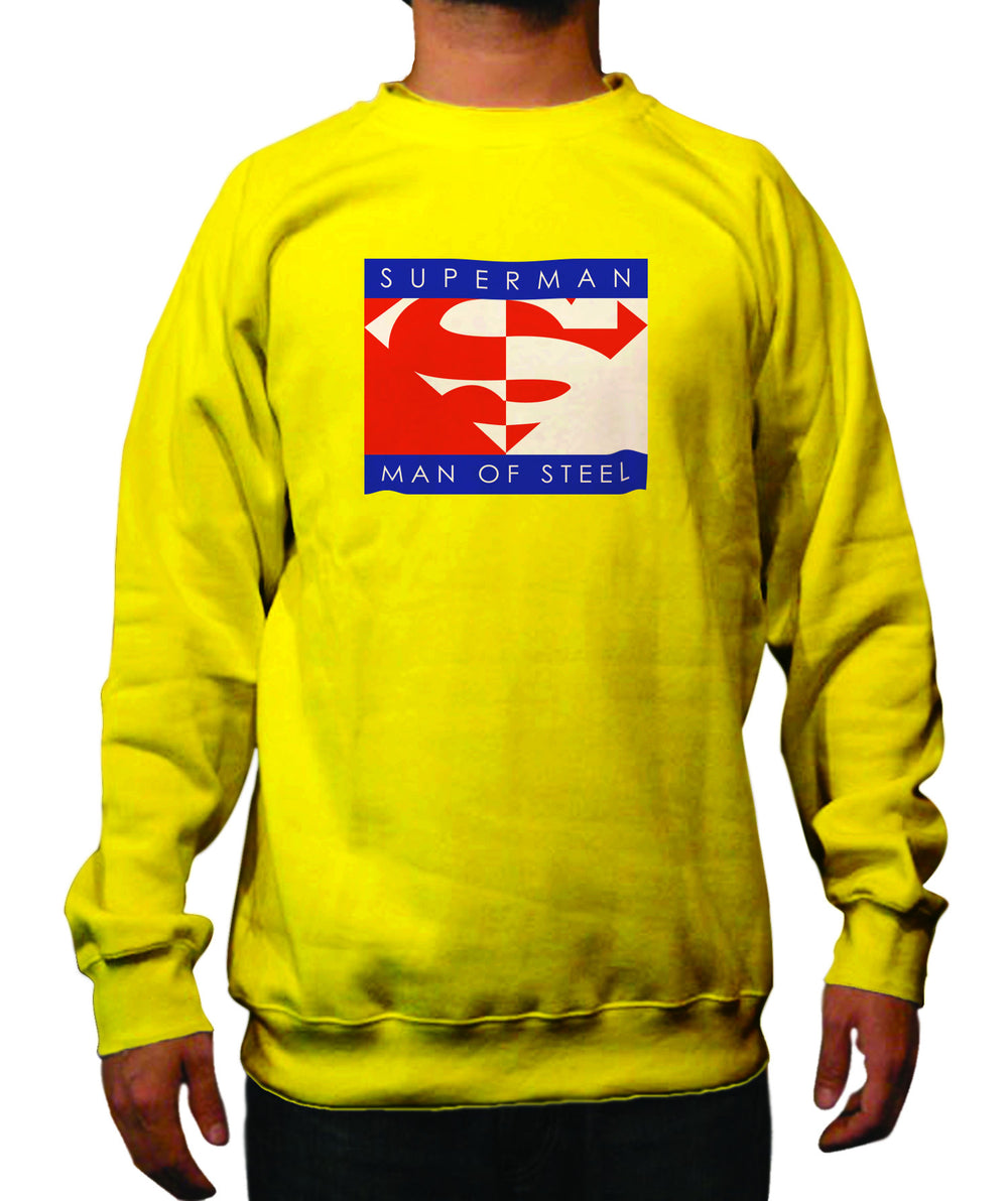 Superman Man Of Steel Block Logo on Yellow Crewneck Sweatshirt - TshirtNow.net - 1
