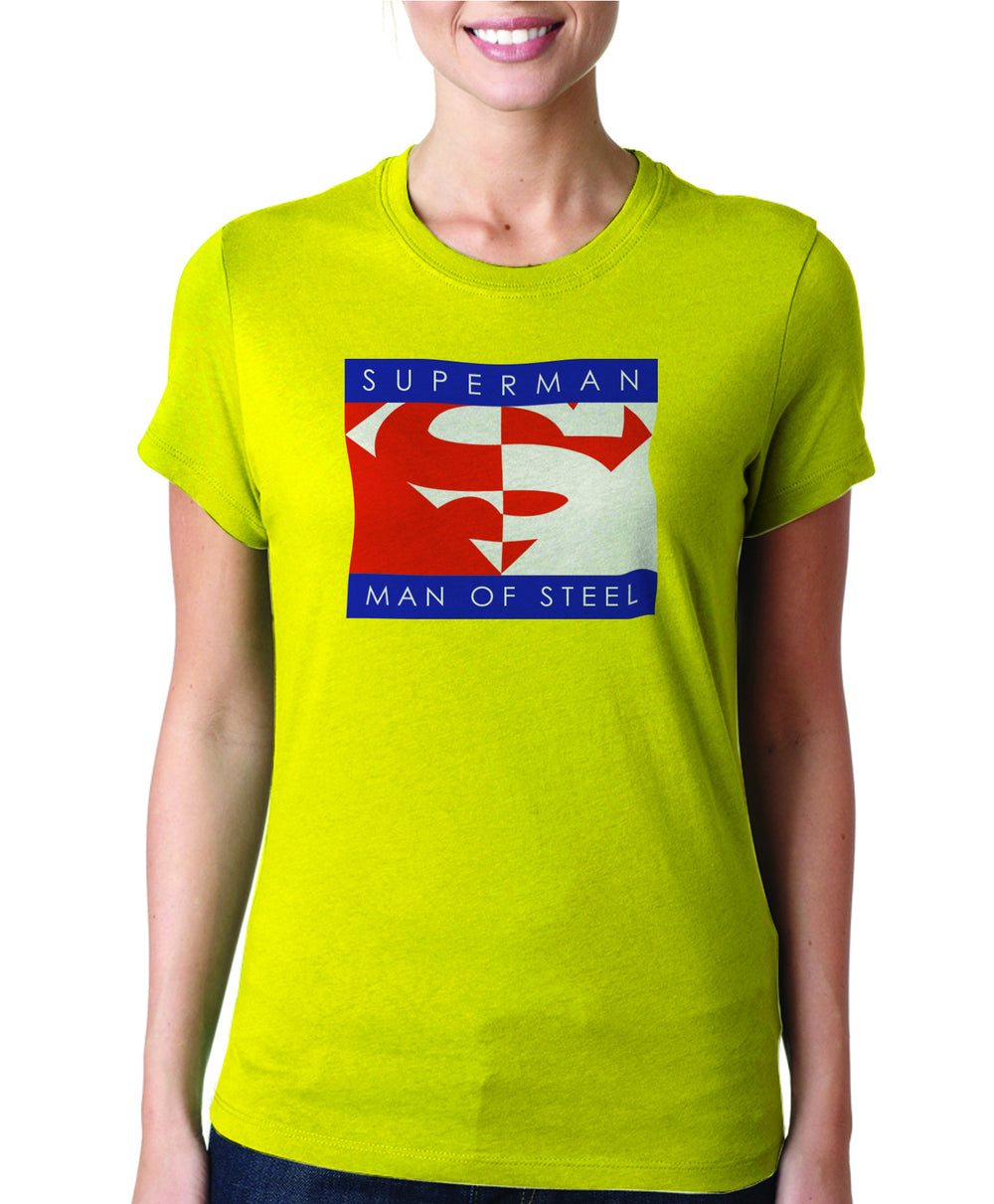 Superman Man Of Steel Block Logo on Yellow Tshirt for Women - TshirtNow.net - 1