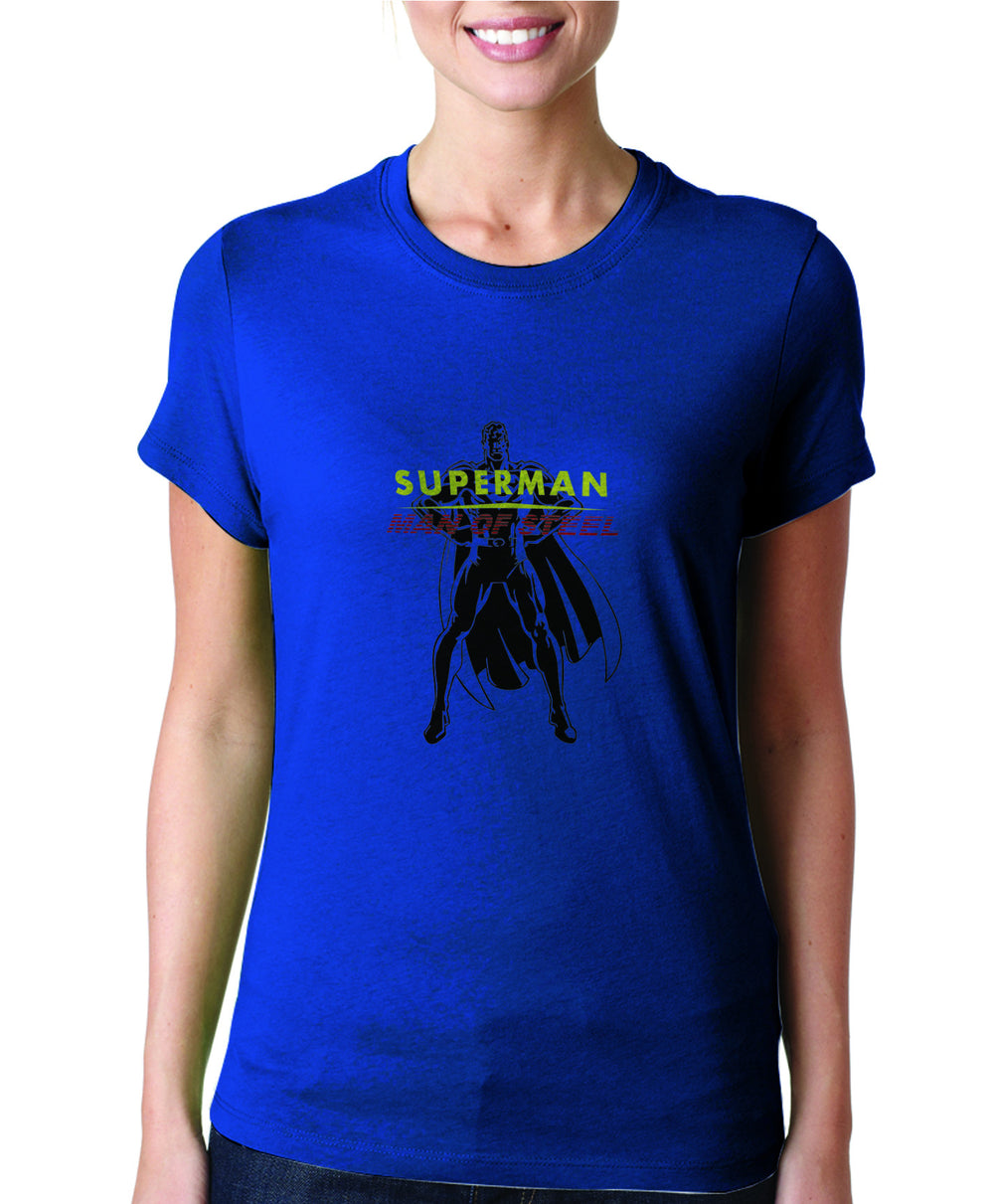 Superman Man Of Steel Standing Figure Logo on Blue Fitted Tshirt for Women - TshirtNow.net - 1