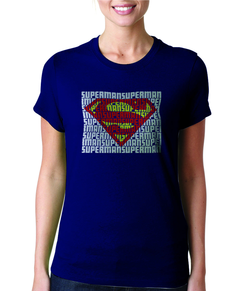 Superman Man of Steel Word Art Logo On Navy Tshirt for Women - TshirtNow.net - 1