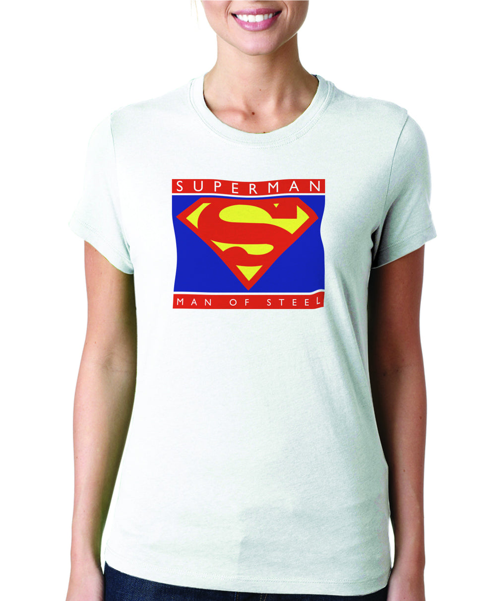 Superman Man of Steel Block Logo on White Tshirt for Women - TshirtNow.net - 1