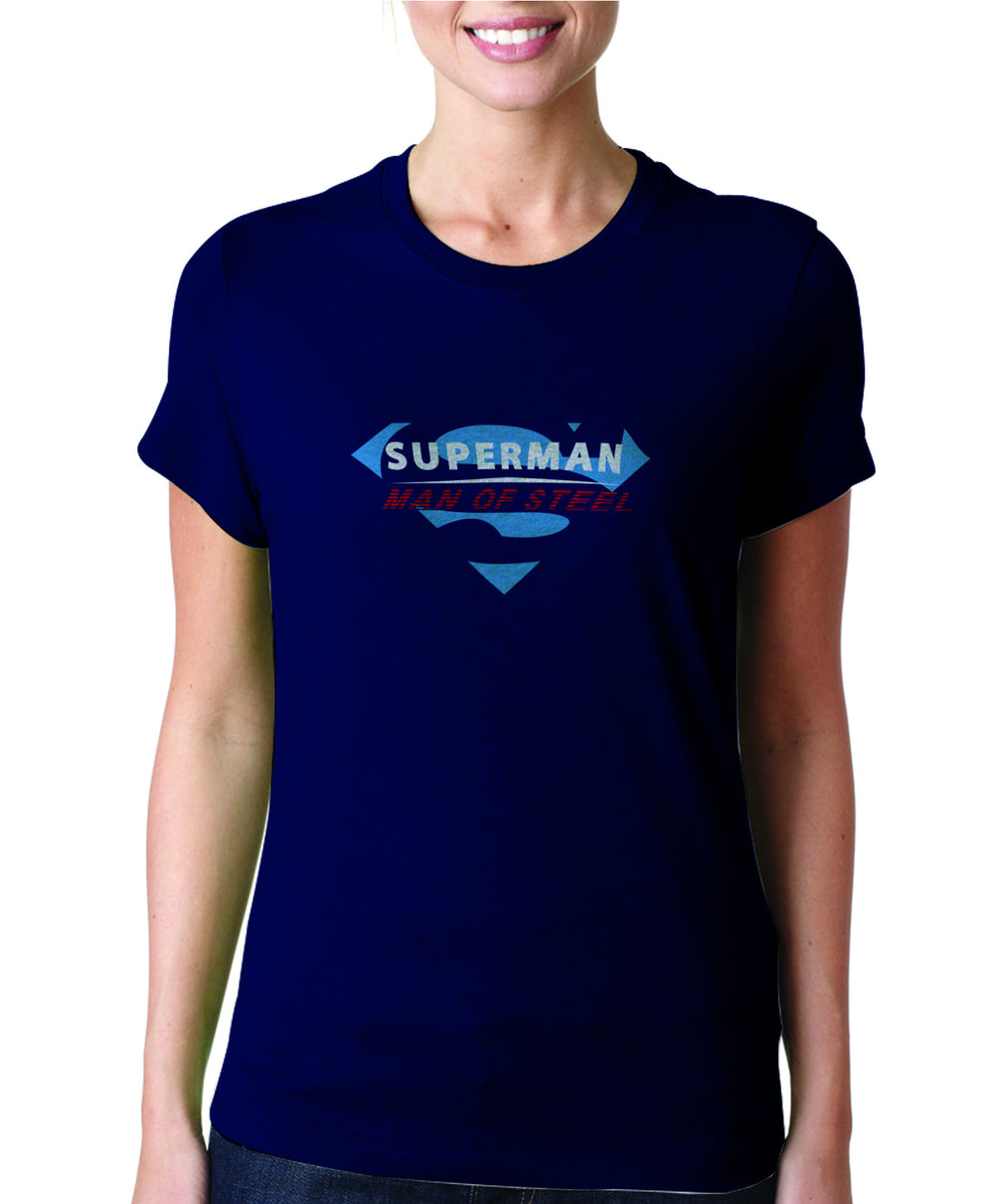 Superman Man of Steel  Logo on Navy Colored Sheer Tshirt for Women - TshirtNow.net - 1