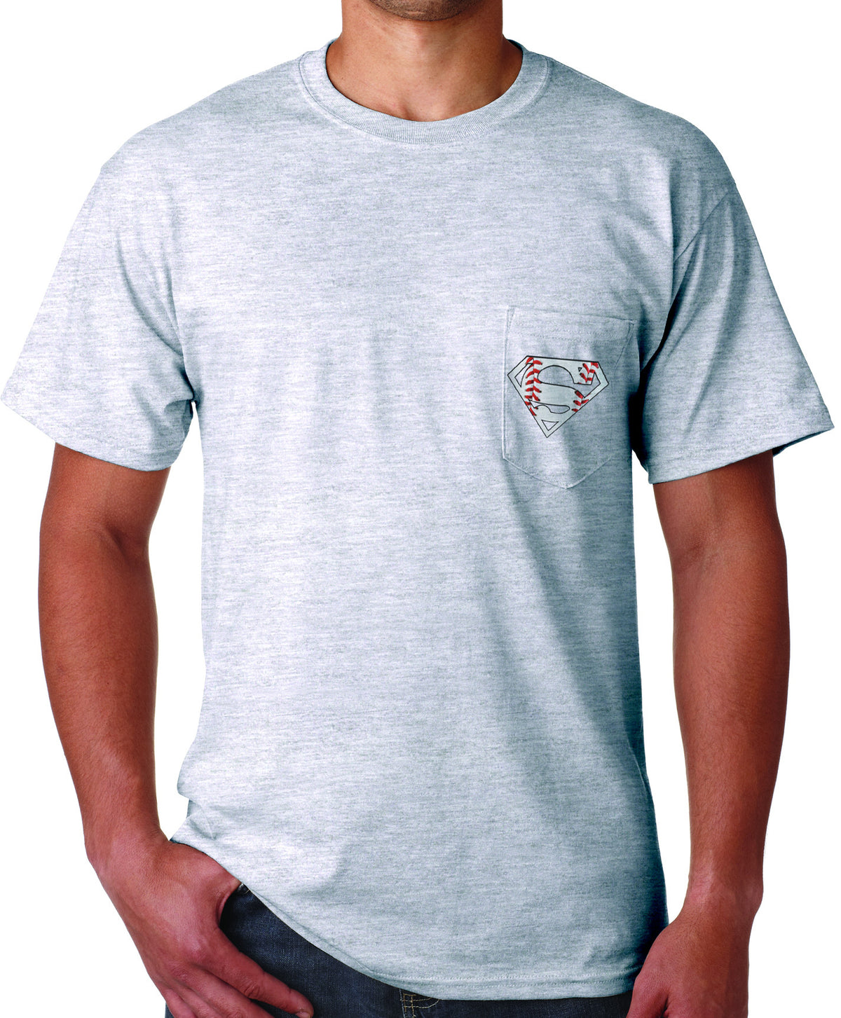 Superman "Play like..." Baseball Logo on Ash Grey Pocket Tshirt - TshirtNow.net - 2