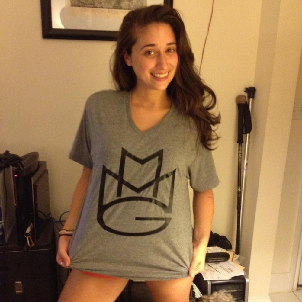Maybach Music Group Girls Tshirt: Black Print on Heather Grey Womens V-Neck Tshirt - TshirtNow.net - 1