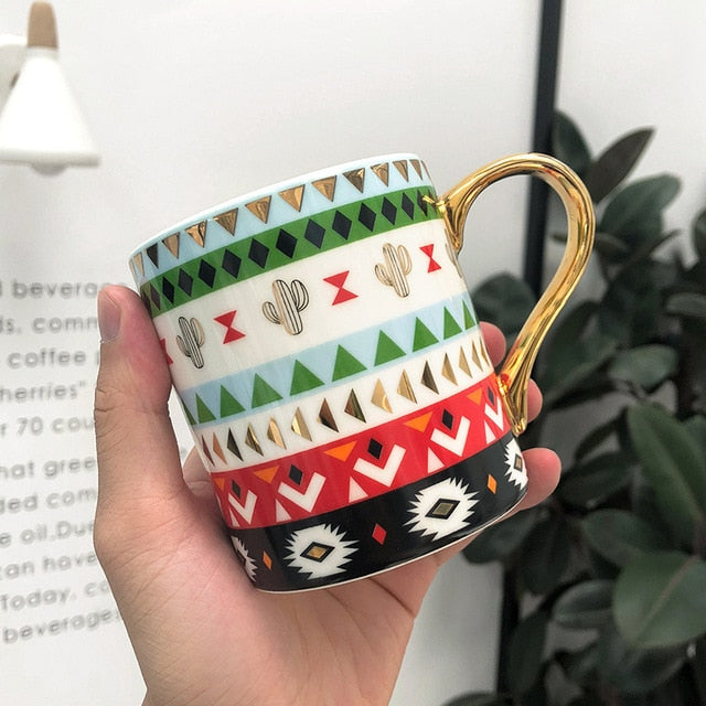 Abstract Collection Single Layered Nordic Style Gold Handle Ceramic Coffee/Tea Mugs