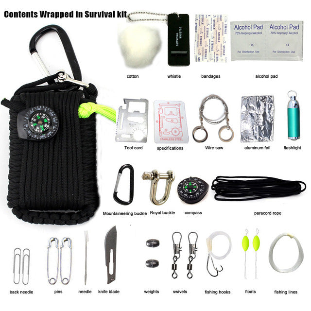 550 Paracord Carabiner 29 in 1 SOS Emergency field survival kit for Camping Hiking
