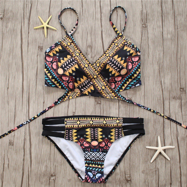 Sexy Padded Bandage Strappy Aztec String Bikini and Beachwear Swimsuit